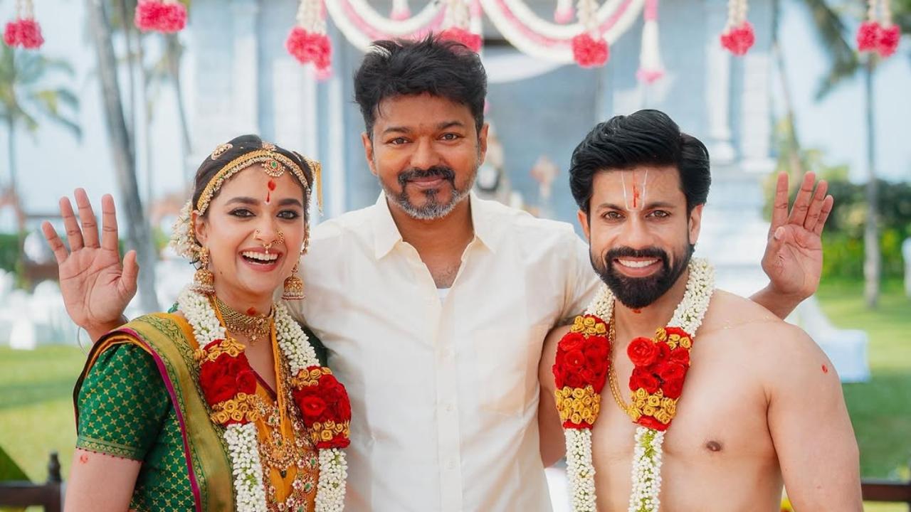 In Pics: Thalapathy Vijay poses with newlyweds Keerthy Suresh and Antony Thattil