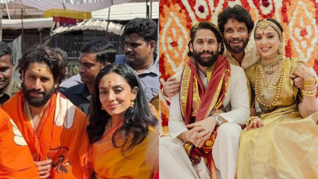 Newlyweds Naga Chaitanya and Sobhita Dhulipala do temple visit with Nagarjuna