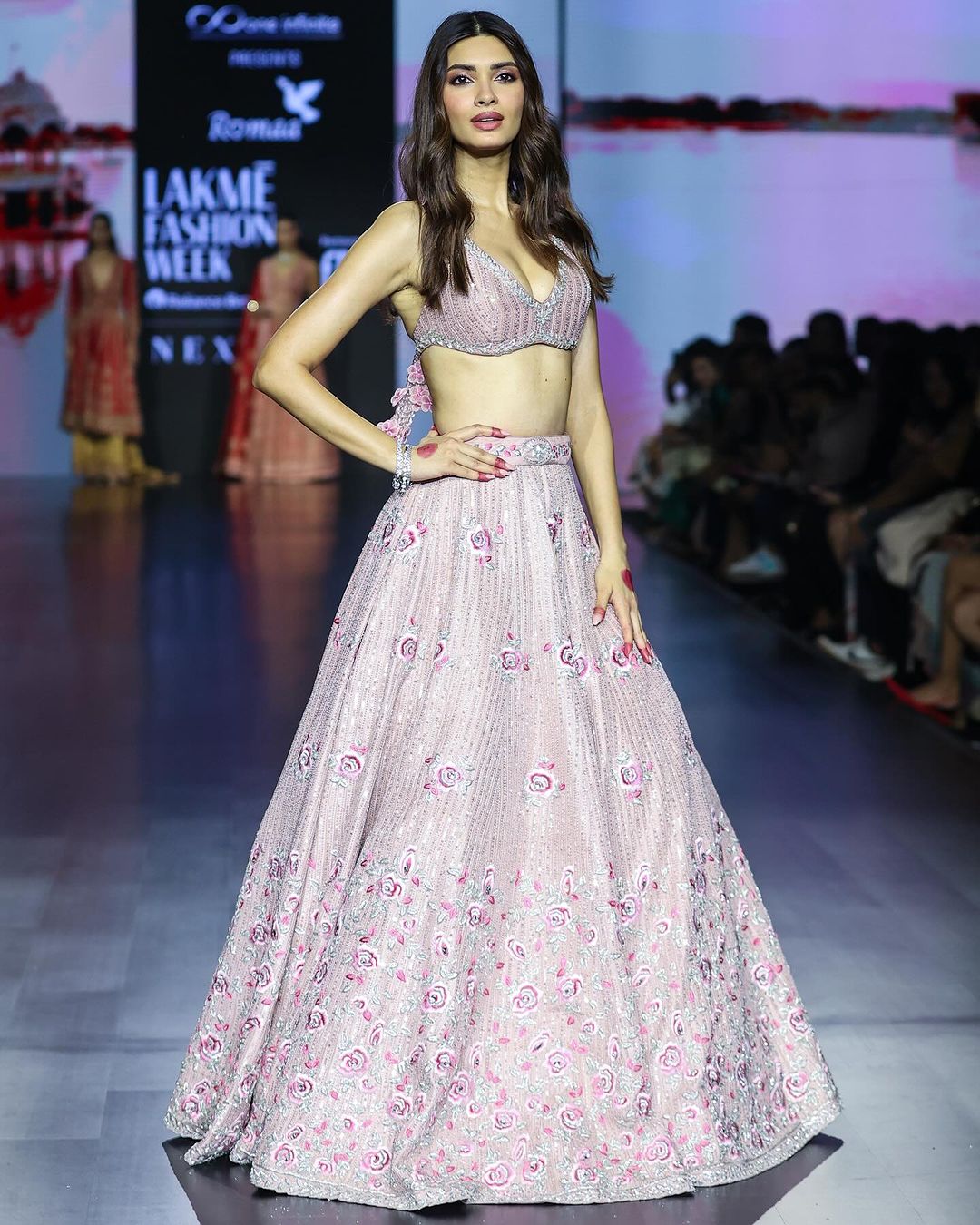 Actor Diana Penty turned heads on Saturday with her striking ramp walk at Lakme Fashion Week X FDCI Day 4. Adorned in a rose pink lehenga, Diana served as the showstopper for Romaa Agarwal.