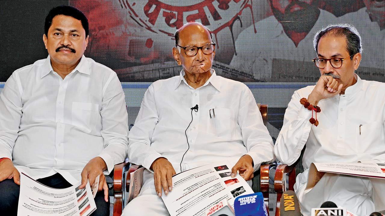 State Congress President Nana Patole, NCP-SP President Sharad Pawar and Shiv Sena (UBT) chief Uddhav Thackeray