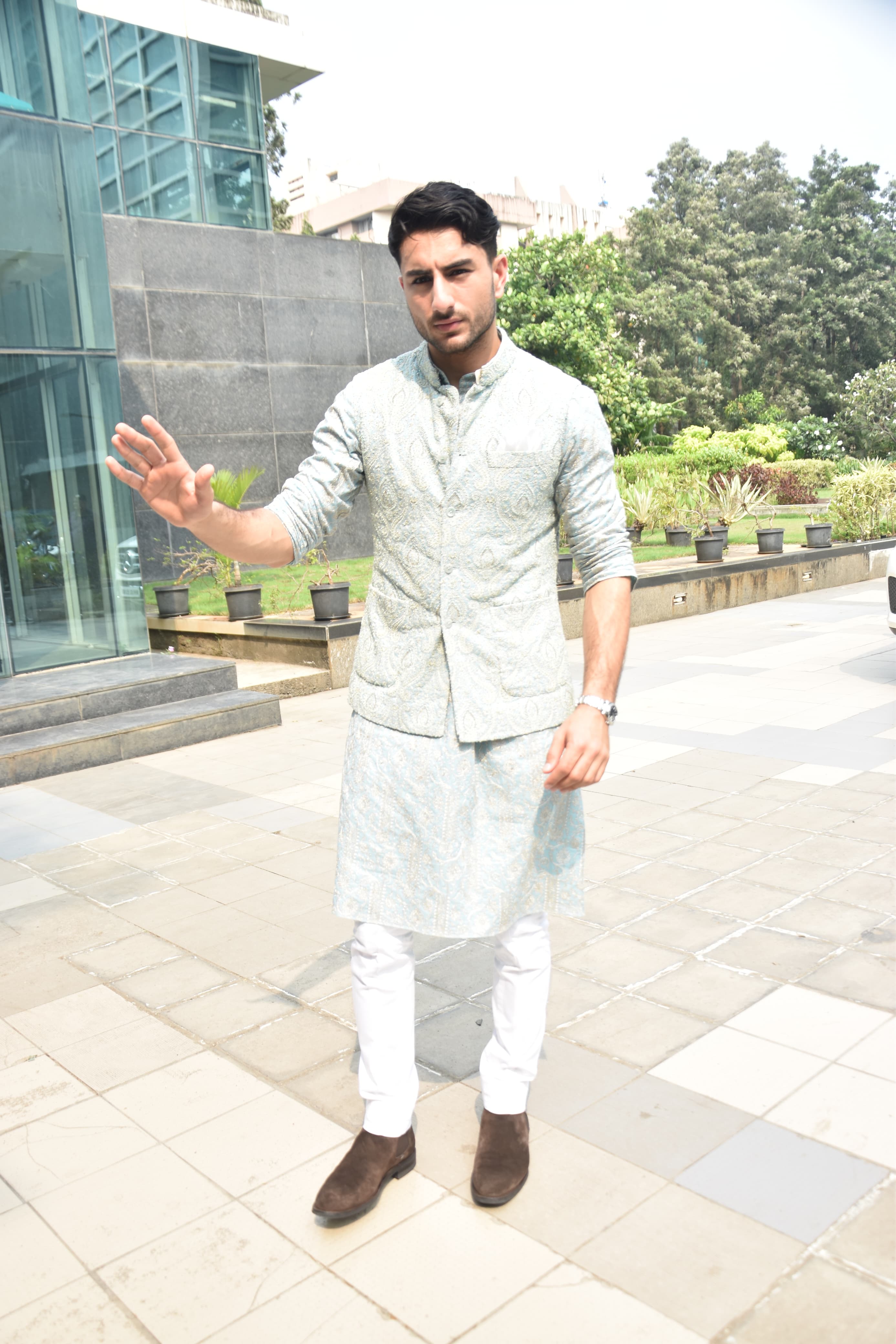 Ibrahim Ali Khan looked smart in a simple yet classy green traditional fit as he went to attend a puja at Dharma office