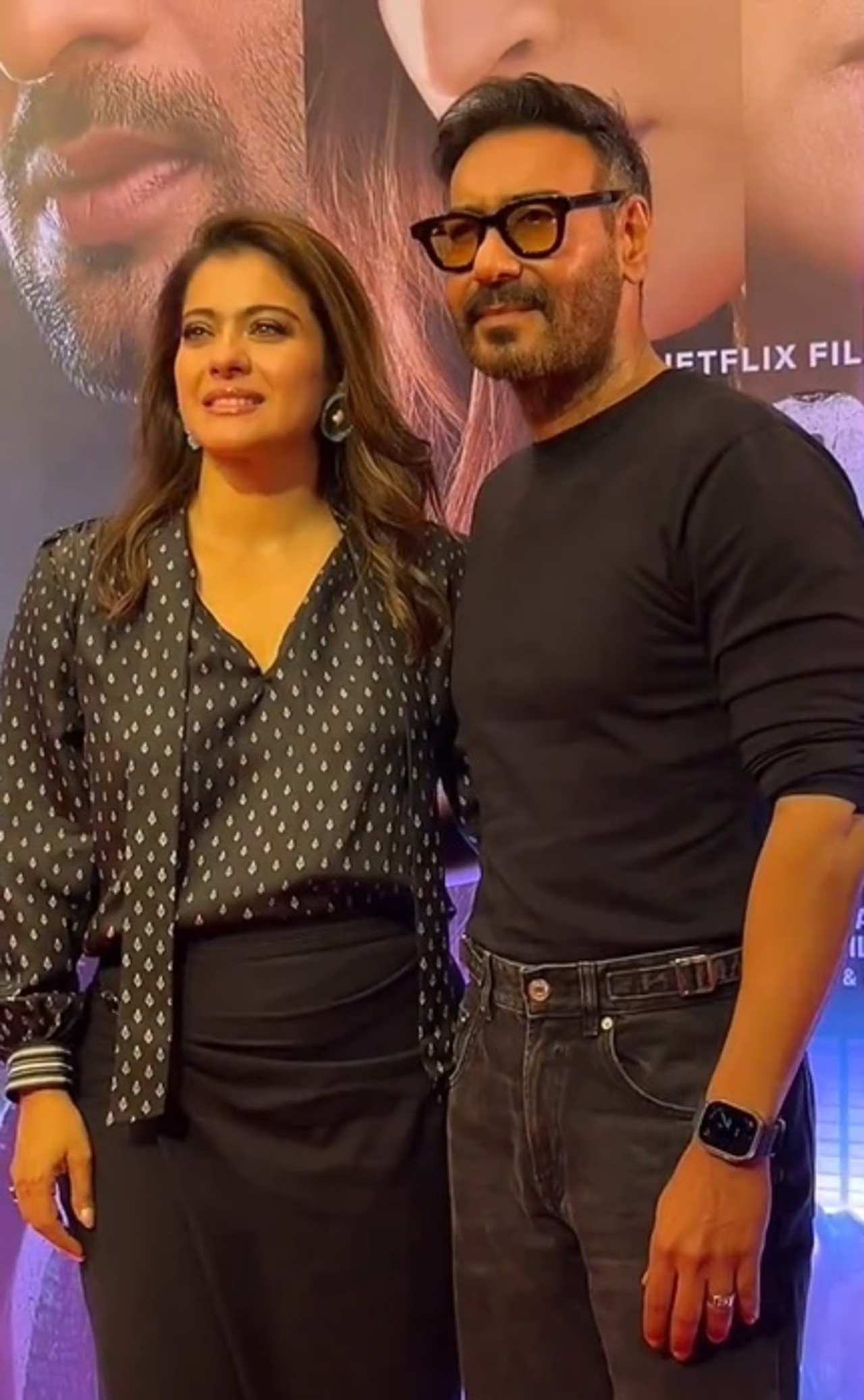 Kajol, who plays a cop in the film arrived with her husband and actor Ajay Devgn. Interestingly, Ajay will be seen in the cop drama 'Singham Again'. 