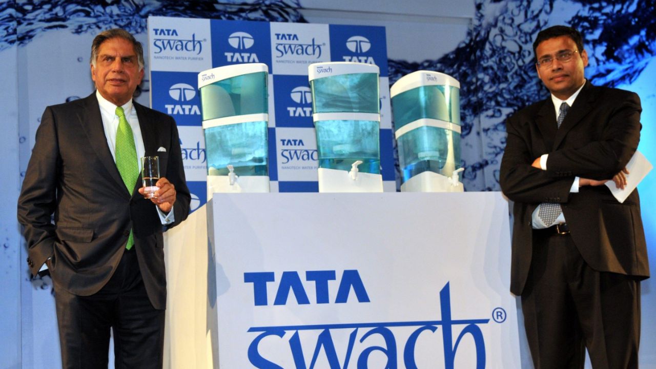 Ratan Tata and R Mukundan Managing director, Tata Chemicals during the unveiling of the TATA Swach nanotech water purifier at NCPA Tata theater