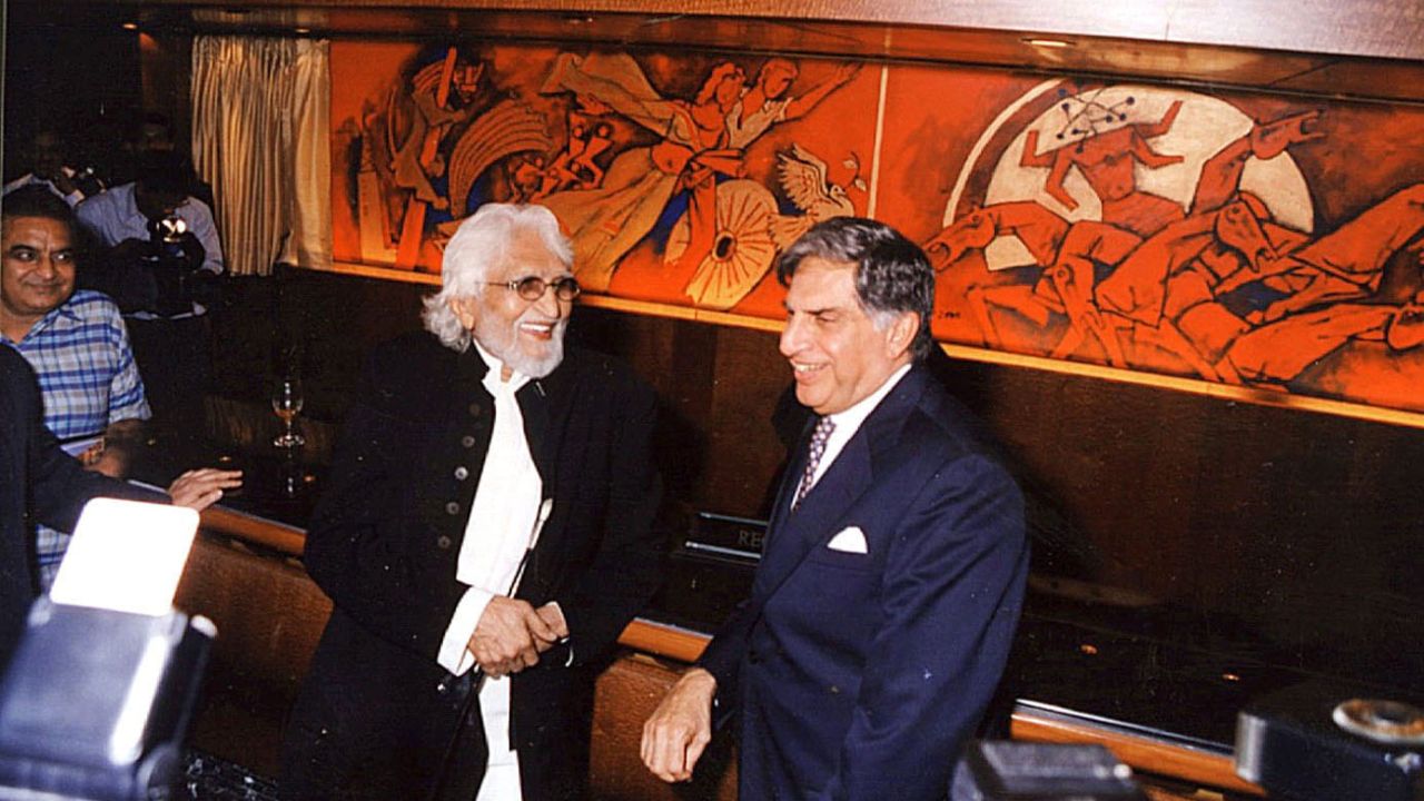 MF Husain and Ratan Tata engaged in a conversation