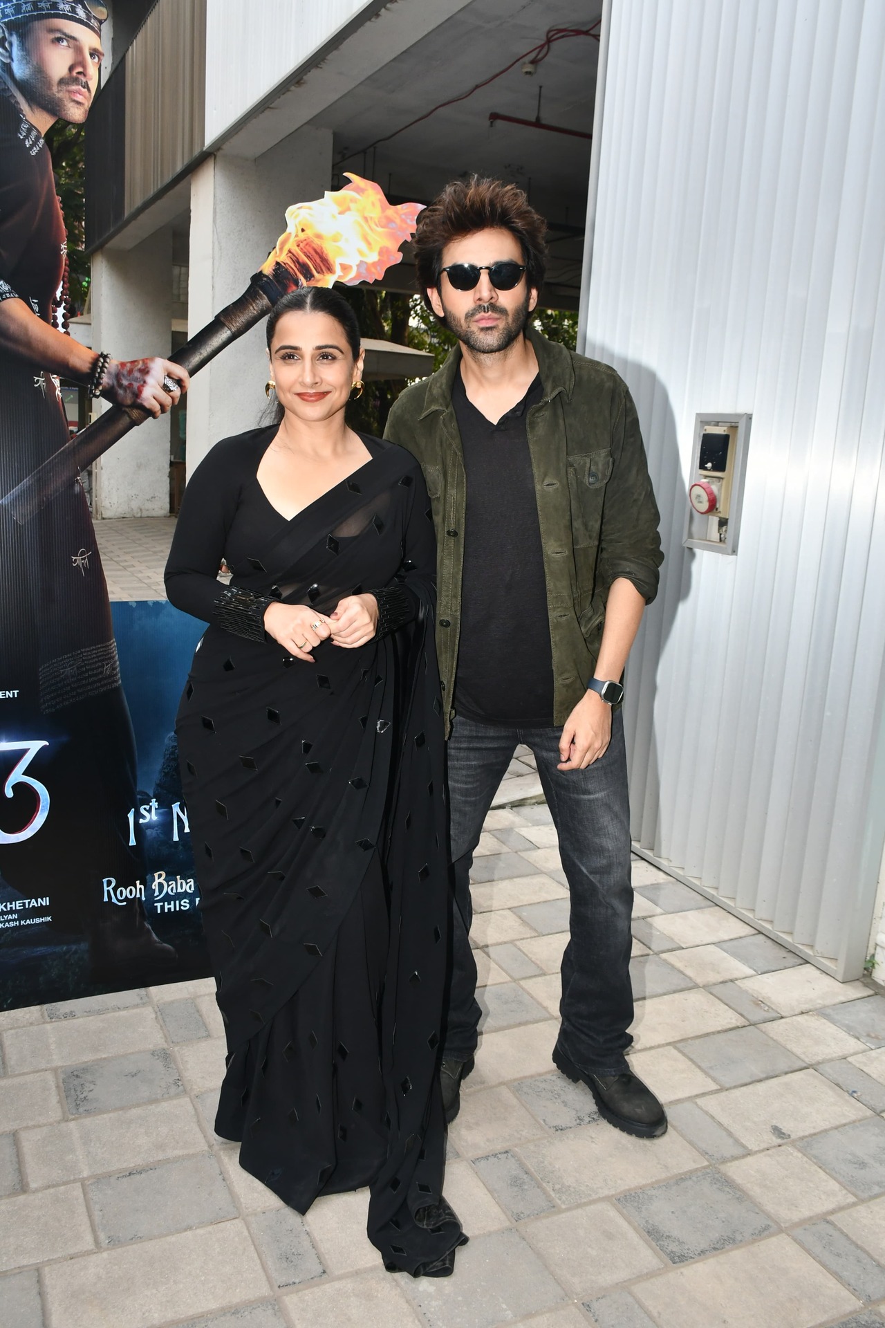 Kartik Aaryan and Vidya Balan were spotted twinning in black as they promoted Bhool Bhulaiyaa 3.