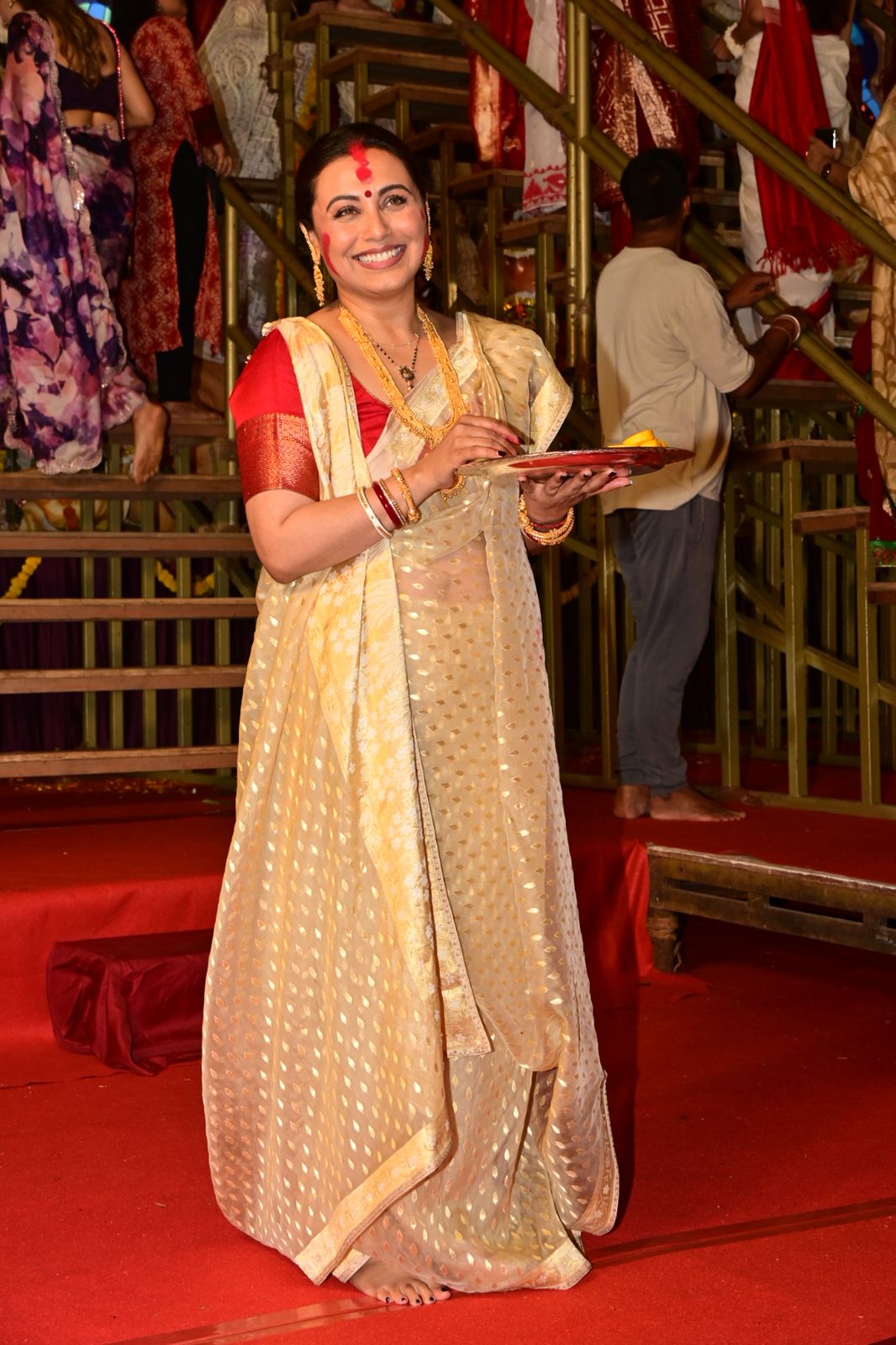 Rani Mukerji was all smiles as she posed for the paparazzi during Sindoor Khela