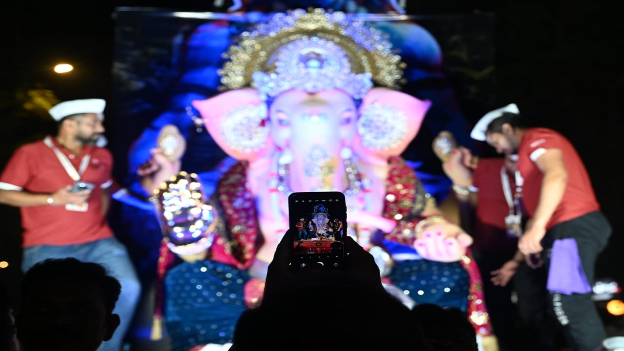 Members of Kandivalicha Iachapurti Ganesh Sarvajanik Maghi Ganeshotsav ferry the Ganpati idol to their pandal ahead of the Maghi Ganesh Jayanti Utsav, at Thakur Village in Kandivali (East) 